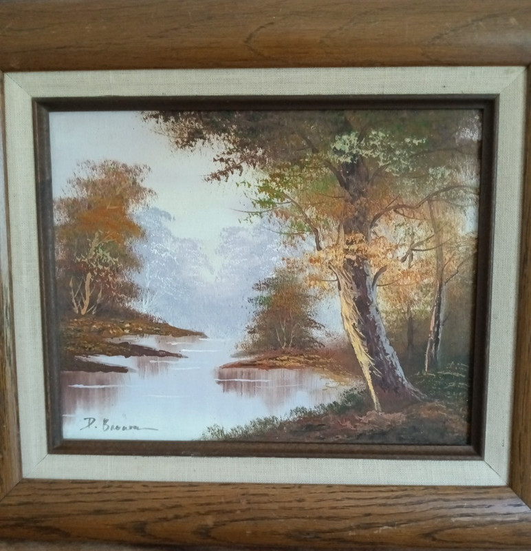 Vintage Signed Oil Painting on Board River Landscape Framed Cabin Lodge Decor gallery