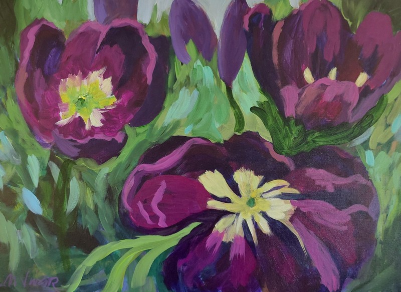 MONA VIVAR Original 18×24 Colorful Tulip Expressionism Abstract Art Painting