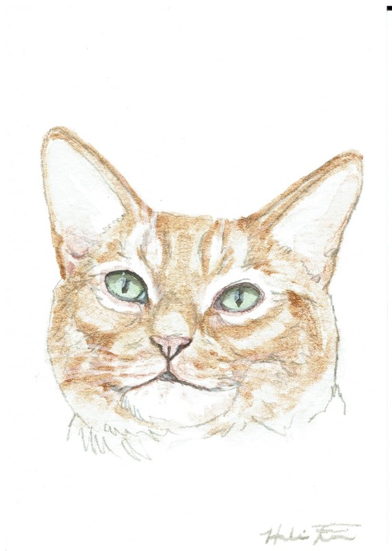 ACEO Original Watercolor Painting 2.5″ x3.5″ Orange Tabby Kitty Cat Pet Portrait