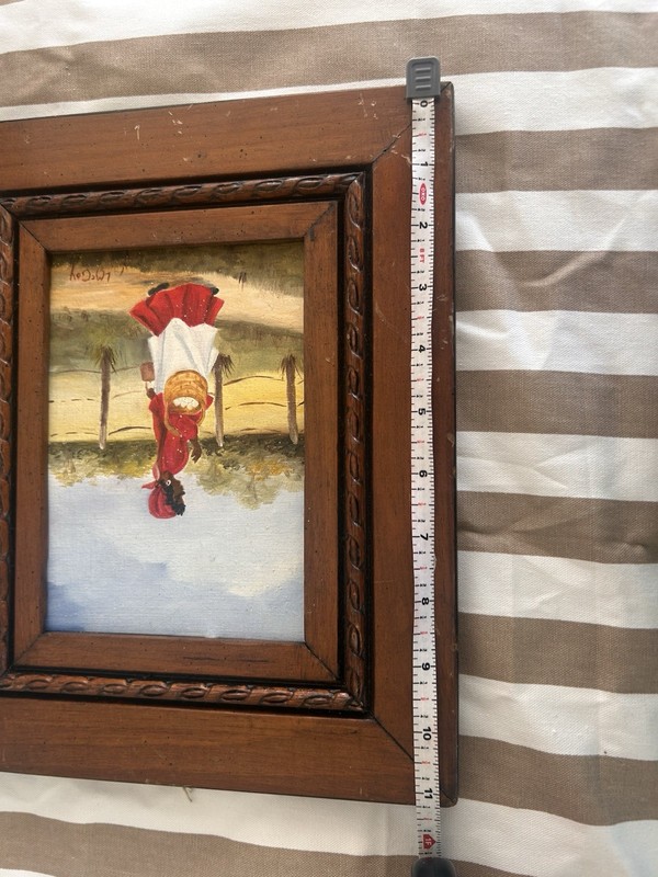 L. McCoy Signed Framed Folk Art Oil Painting of Woman with Basket on Canvas gallery