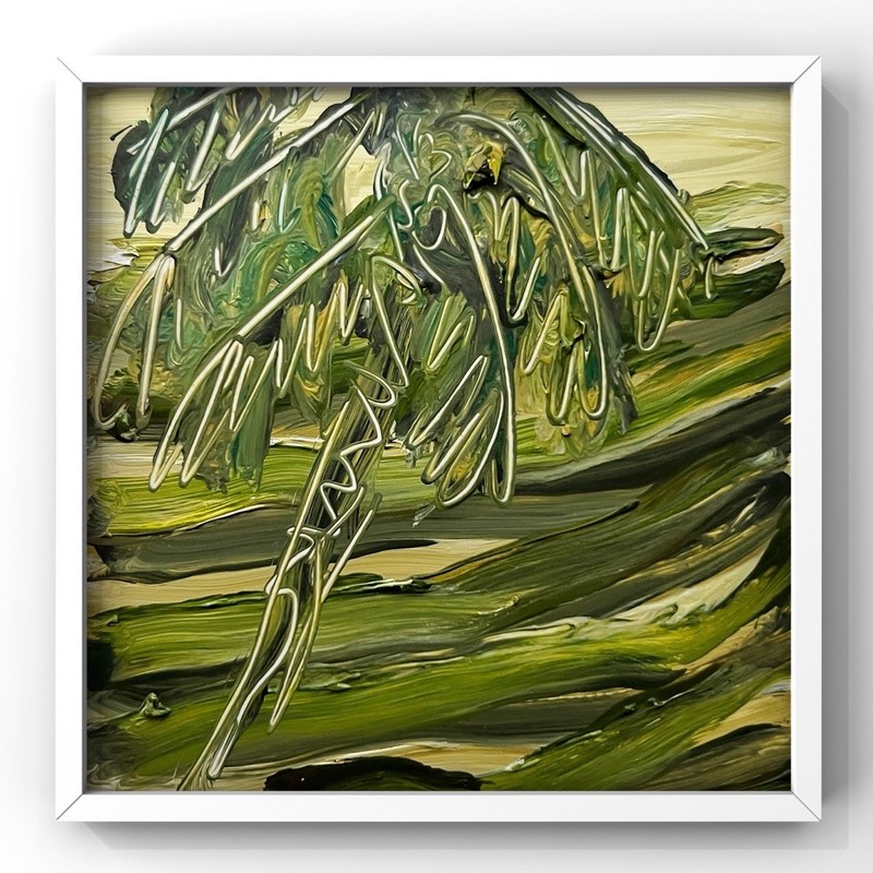 Green Bali Jungle Fields Painting, Modern Abstract Palm Tree Nature Artwork Gift