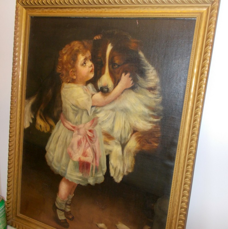 Antique Oil PAINTING Victorian Edwardian GIRL with COLLIE DOG gallery