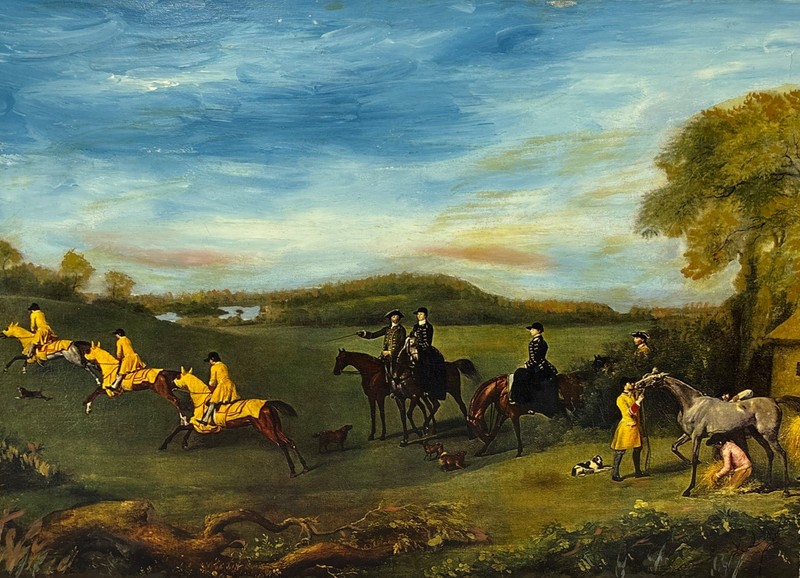 Vintage Mixed Media Landscape Oil Painting Decoupaged English Race Horses Signed