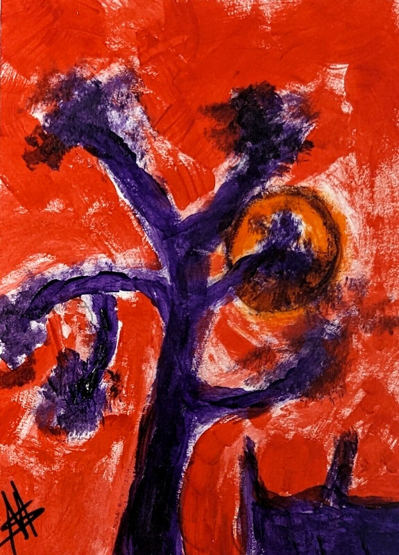 ACEO Cat Painting Abstract Original Moon Tree Landscape Art By Samantha McLean