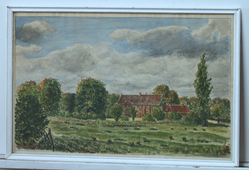 Esrum Monastery Landscape – Watercolor Around 1950 – Signed, With Frame