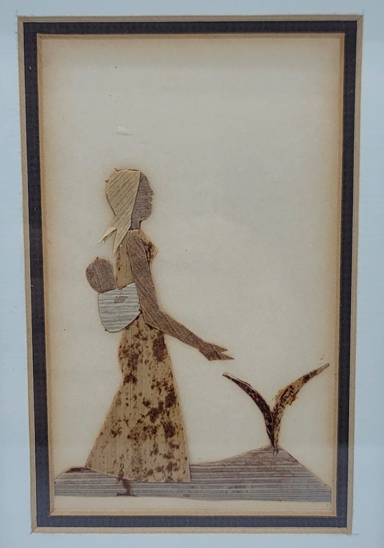 Vintage African Plant Fiber ART Painting Collage Lady & Child 6x8" AFRICA Framed gallery