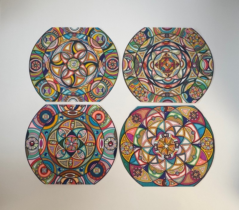 4 Abstract Geometric Painting Art Mixed Media Mandala Kaleidoscope By Schachter