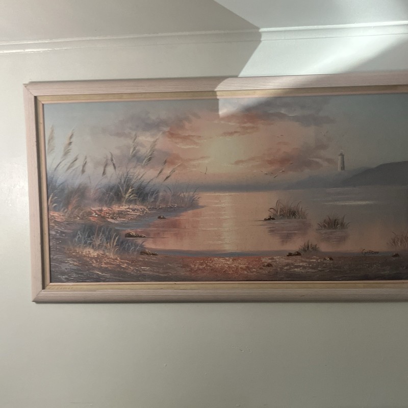 Gibson Framed Signed Seascape Lighthouse & Seagulls Painting – Realism, Large