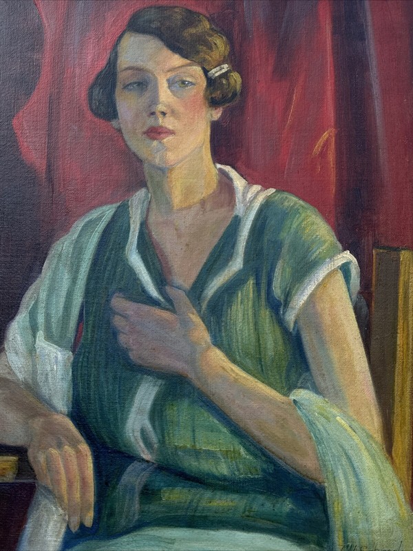 CHESTER SCHROCK PAINTING ANTIQUE ART DECO PORTRAIT PRETTY WOMAN COLORADO 1924 gallery