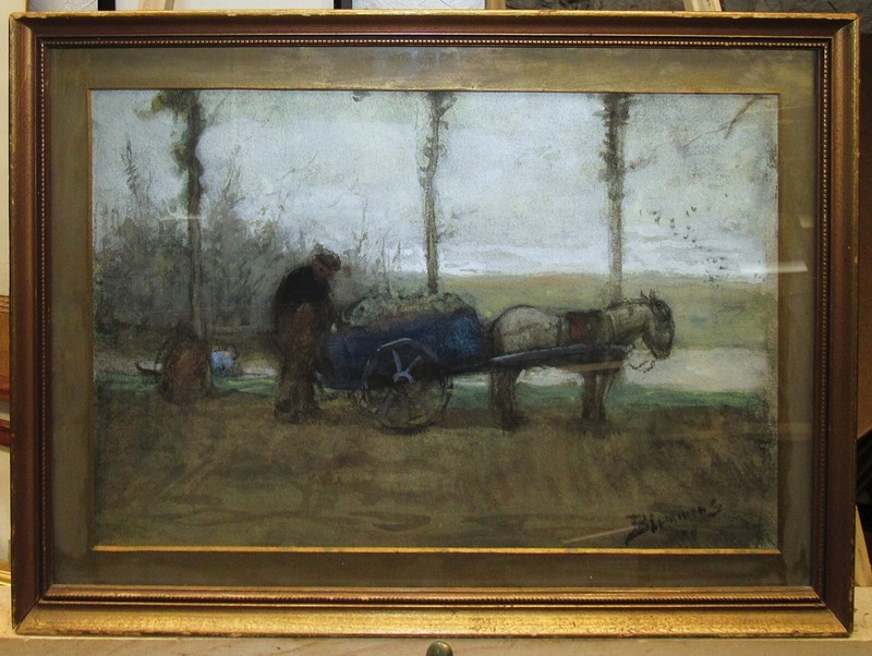 Bernardus Blommers 19th Cent. Dutch WC of Shell Gatherer Horse Cart Listed Hague