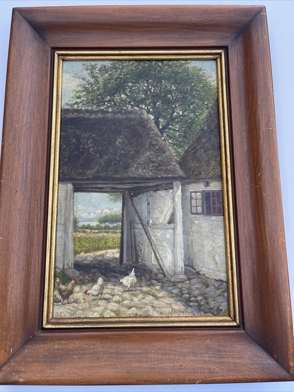 ANTIQUE OIL PAINTING FARM HOME CHICKENS BIRDS ARCHITECTURAL LISTED LEVISON