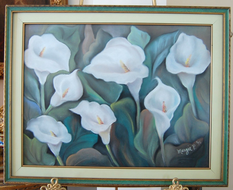 VTG 90S FRAMED ORIGINAL ACRYLIC PAINTING OF WHITE CALLA FLOWERS ARTIST: MARGIE P