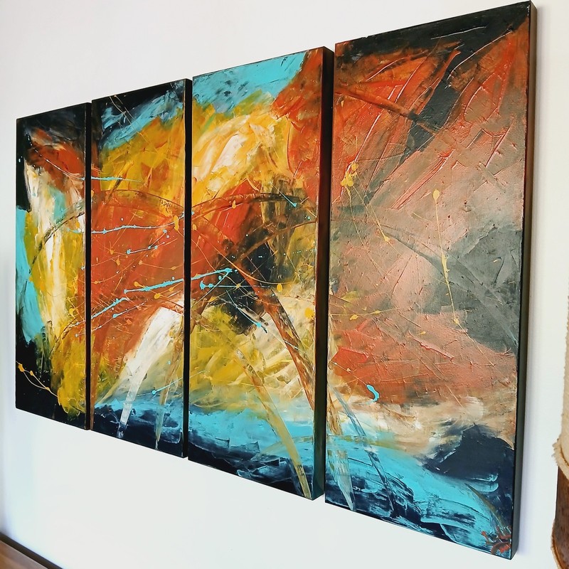 Original MCM Abstract Modern Art Painting Large 4 Panel Oil On Canvas Grouping