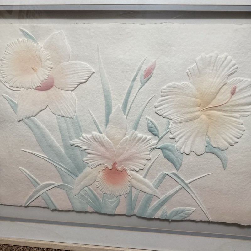 Framed Bas-relief Style Picture Of Florals On Paper In Pastels By Laurie Fields