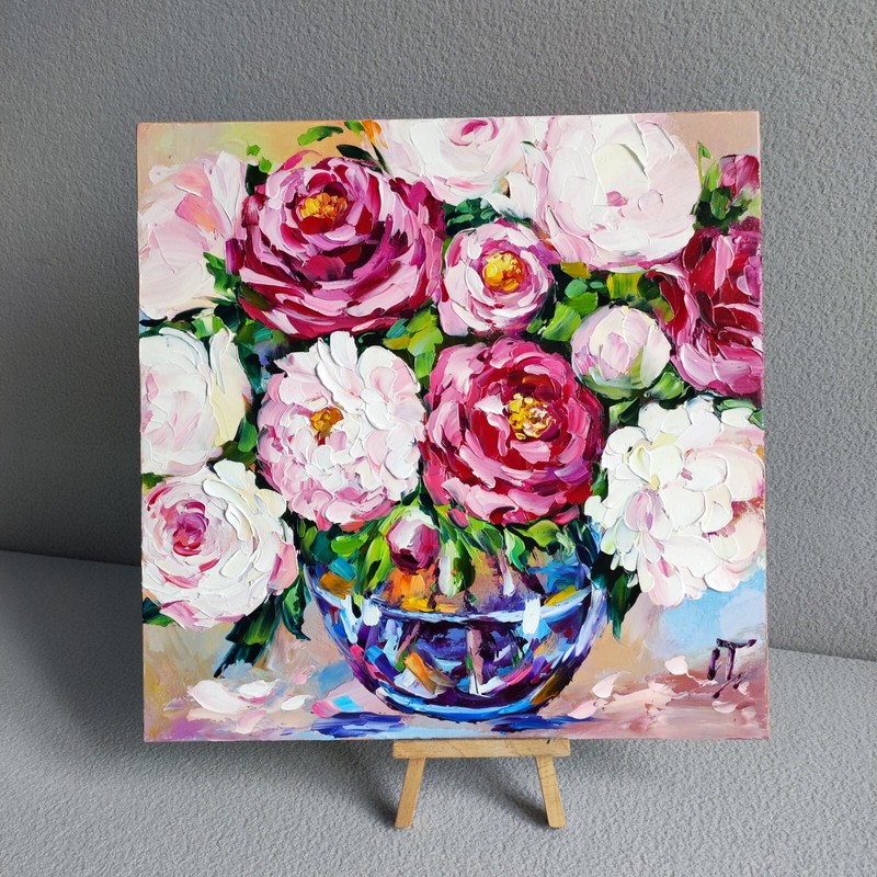 original oil painting Peony pink red flowers artwork floral wall art 12*12 inch gallery