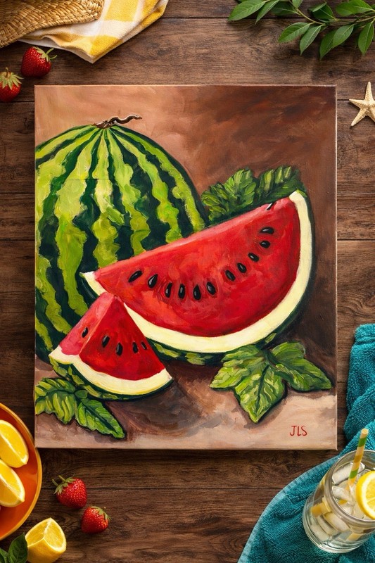 Watermelon Painting Summer Fruit Kitchen Wall Art Acrylic Canvas Still Life