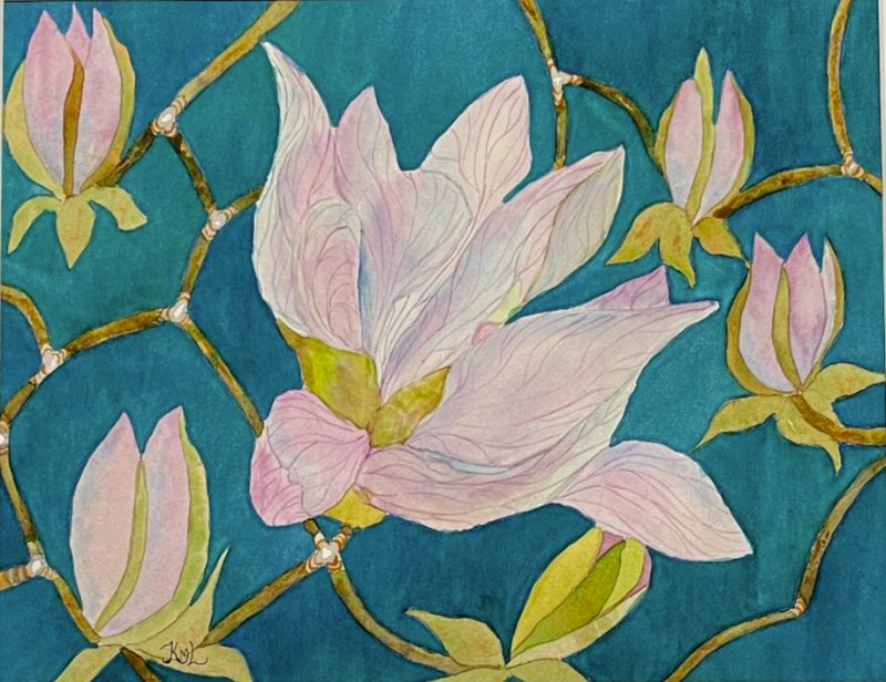 PAINTING WATERCOLOR ORIGINAL ART MAGNOLIA FLOWERS PINK LAVENDER 11X14 MAT 16X20