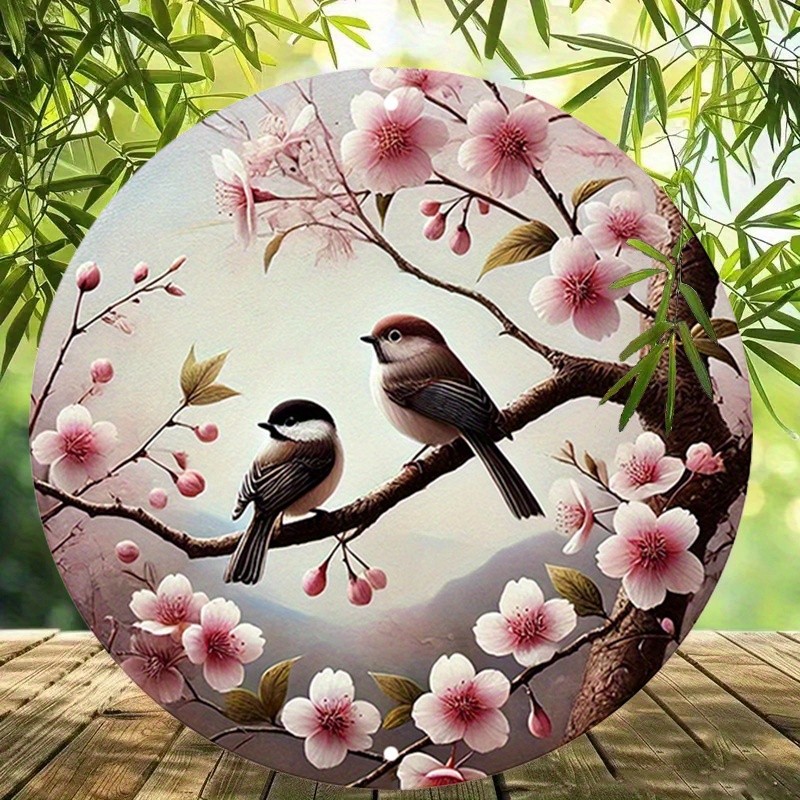 Cherry Blossom Birds Round Metal Wall Art Japanese Inspired