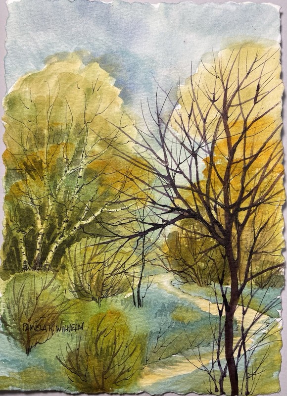 Original Pamela Wilhelm 5×7” Watercolor Follow The Road In The Autumn Trees