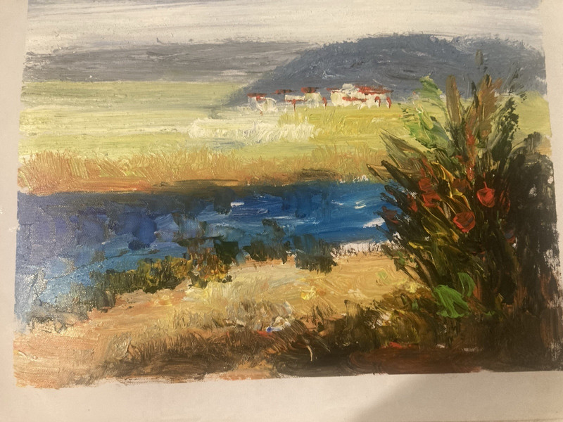 Original Oil Painting-Amber River Shoreline w/ Colorful Foliage/Distant Cottages