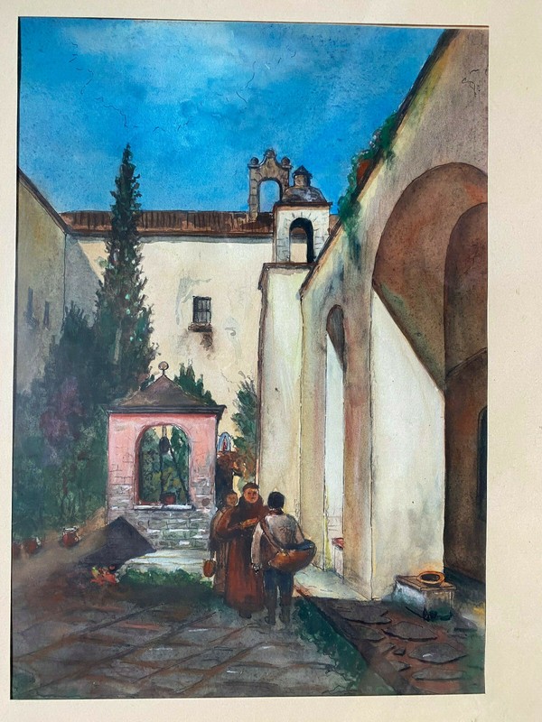 Painting Alley Mediterranean Fountain Women Signed After Achenbach Antique Frame gallery