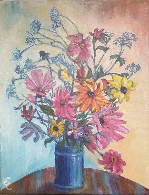 Still Life Floral Painting Colorful Flowers in Blue Vase Nature Theme