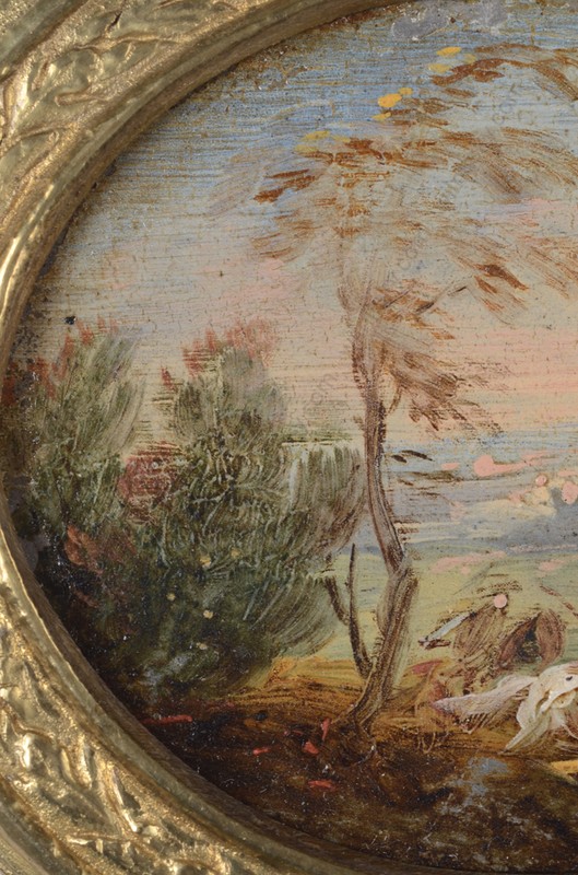 "Hunting scene in Italianate landscape", Dutch oil on copper miniature, 17/18th gallery