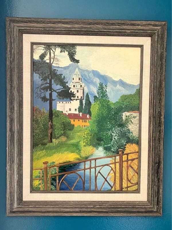 Vintage Oil Painting depicting a European Castle Unknown Artist ca. 1960s-70s
