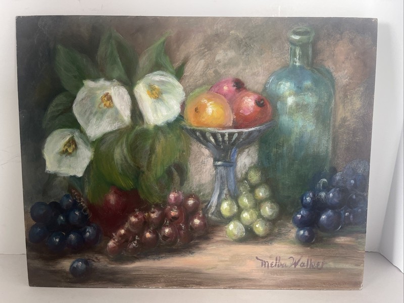 Still-Life Fruit Floral Painting Grapes Signed Original Oil MCM 14×11” Unframed