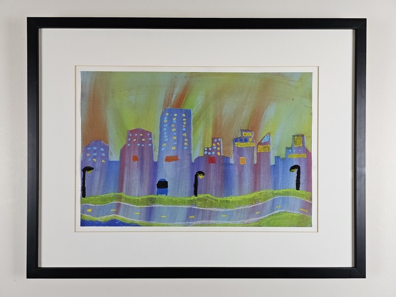 Original 4th Grade Alex Diedrich Painting 26×20 Framed Abstract Kid Art, City