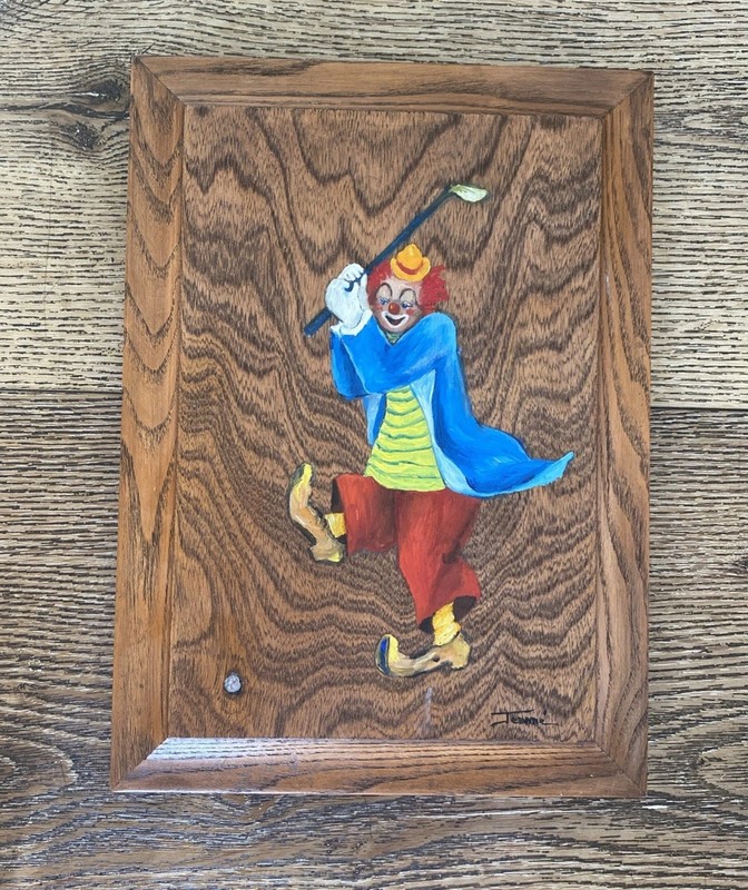 Vintage Hand Painted Wooden Artwork of Colorful Clowns Signed by Jeanne
