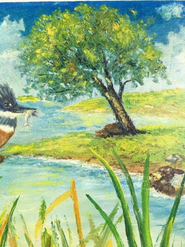 16 x 20 Oil Painting Kingfisher Bird w Fish Stream Cattails Trees Clouds signed gallery