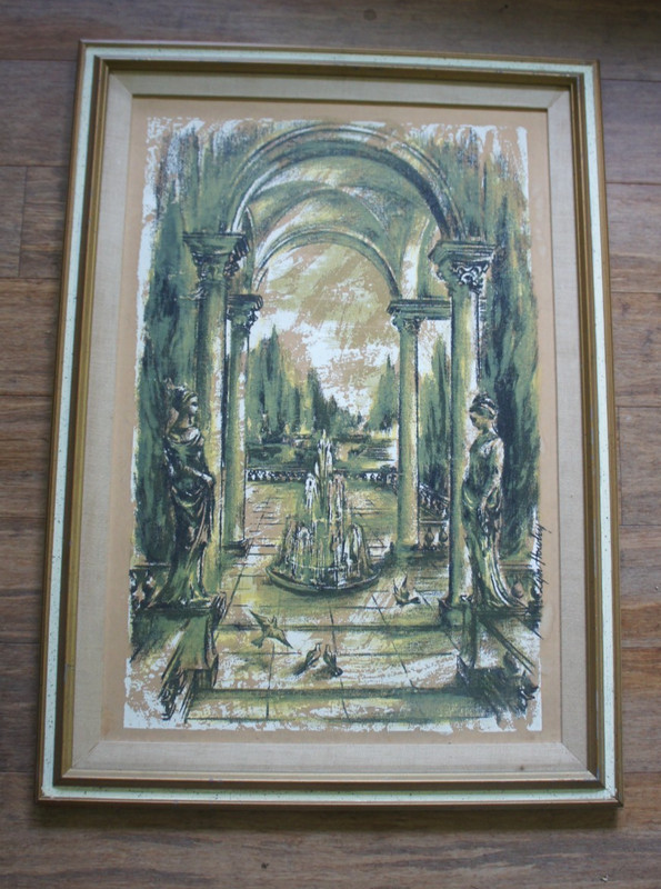 signed LYN HOWLEY Serigraph Painting Greek Roman Columns Fountain Studio Edition
