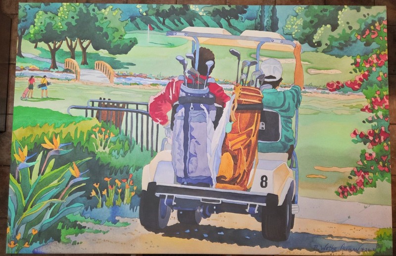 Robin Wethe Altman «The Golfers» Watercolor Painting on Canvas 48 by 32