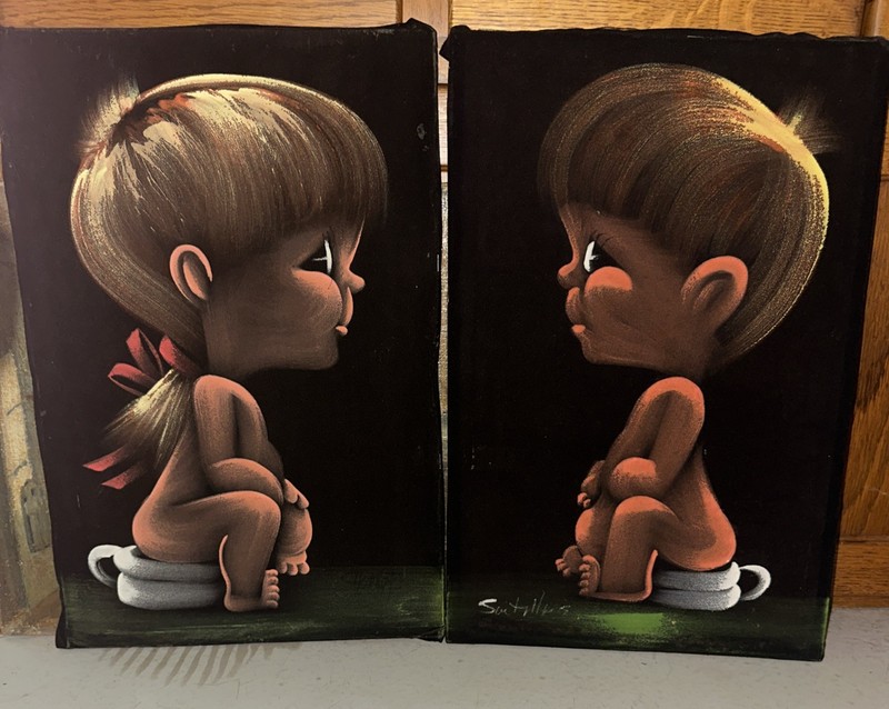 Vintage Boy And Girl Toilet Commode Signed Velvet Painting Original Art 60s