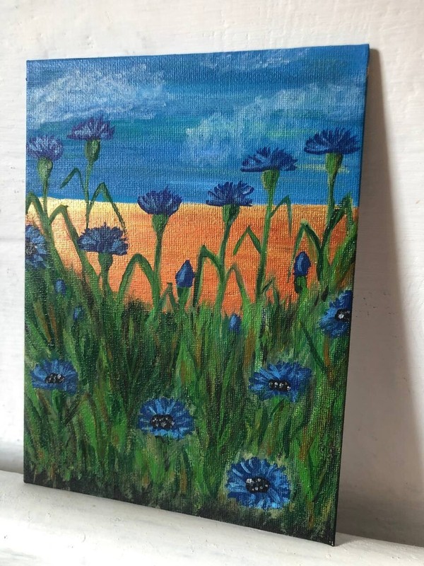 Cornflower Flower Feld Painting Canvas CARDBOARD Acrilic 6×8 in Gold Plated