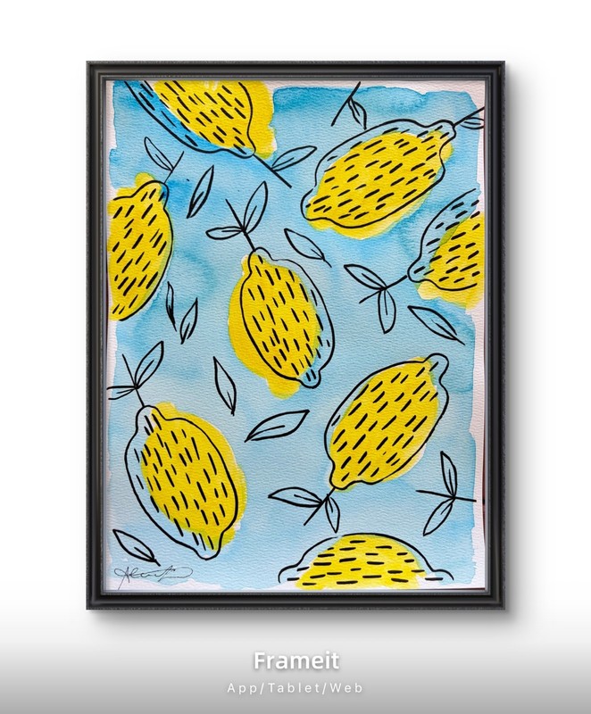Blue Lemon Doodles Painting By Alannah Dyer- Acrylic 9×12 in Trendy Food Citrus