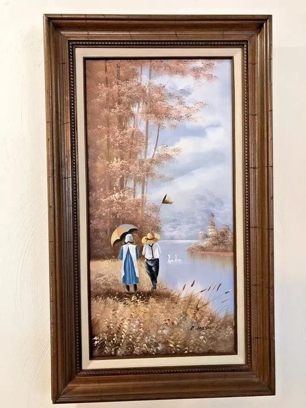 ORIGINAL OIL LANDSCAPE PAINTING CATCHING BUTTERFLY SIGNED R.HARTMAN 30″ X 18″
