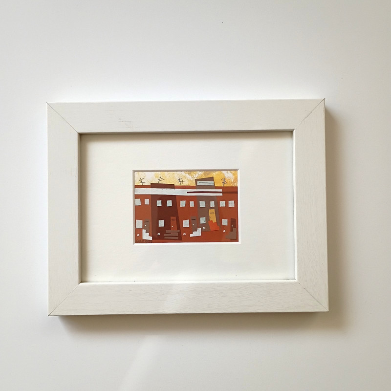Original ACEO Paper Acrylic 7″x5″ Painting Houses Modern Art Framed