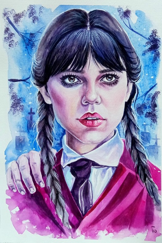Wednesday Addams Jenna Ortega Fan Art – Watercolor Portrait, original Painting
