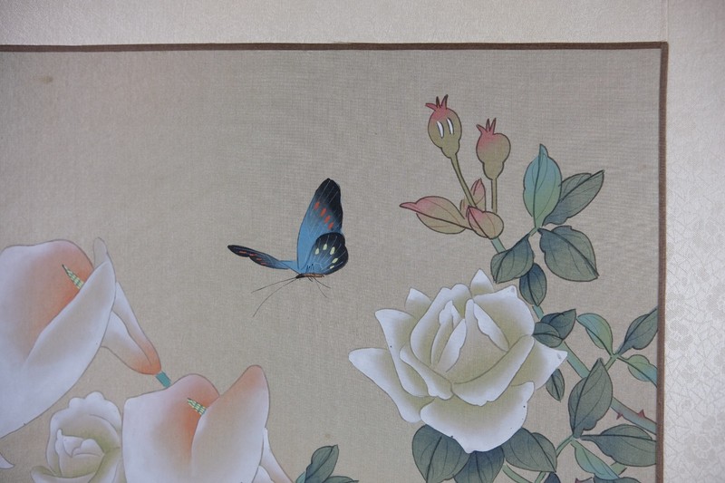 Vintage Oriental Painting, Asian Watercolor on Silk Paper, Flower and Butterfly gallery