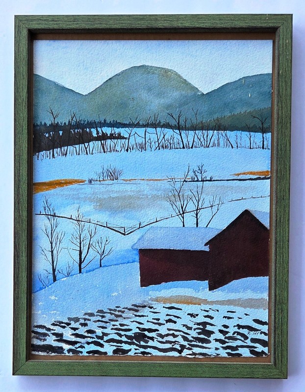 Vintage Folk Art Watercolor Painting Vermont Winter Landscape – Signed R. Ivy
