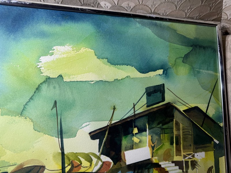 Paul Glasser 1973 "Coastal Landscape Scene" Watercolor Painting - Signed/Framed gallery
