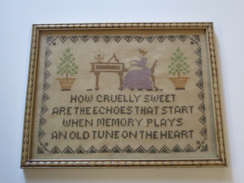 ANTIQUE NEEDLEPOINT ART ELIZA COOK QUOTE PRIMITIVE ART DECO FRAME FOLK ART OLD