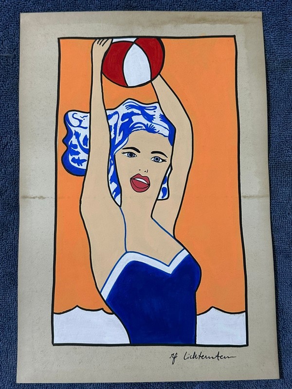 Roy Lichtenstein drawing and painting on old paper signed stamped vintage
