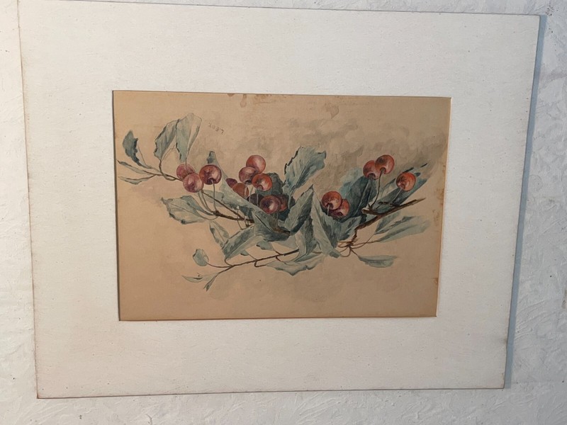 Lovely Original Watercolor Painting Signed L.E.B.Y. Cherry Tree Branch Cherries