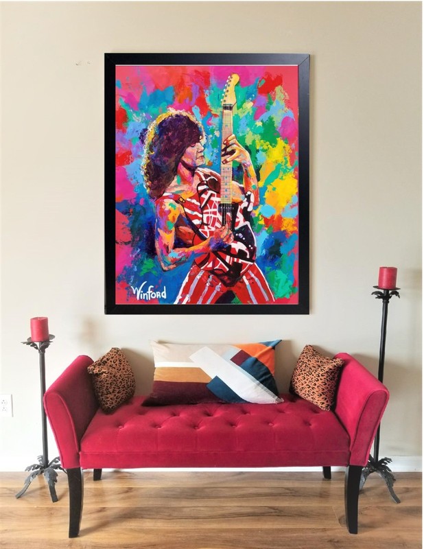 Sale Eddie Van Halen Hand-Textured painting 24″H X 36W Framed $995 Now $295