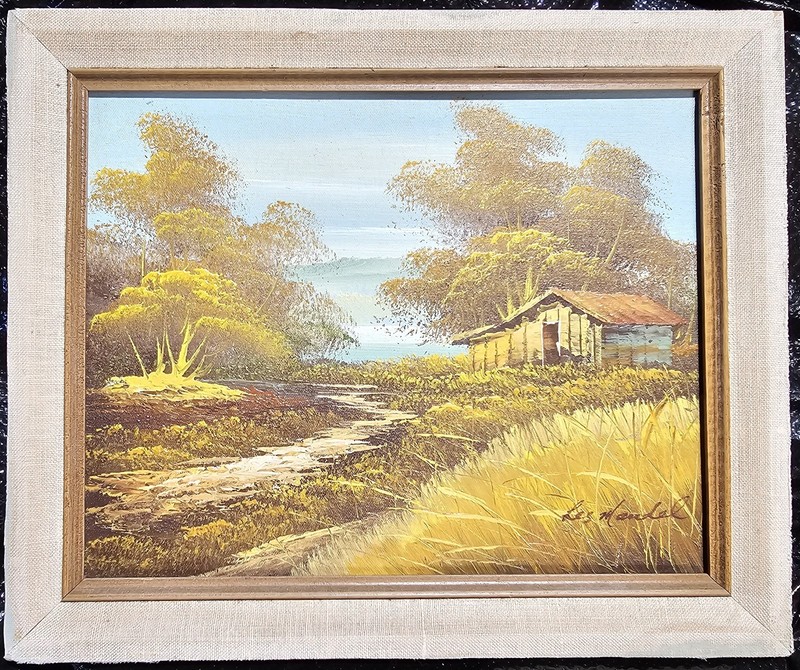 Framed Orig Oil Painting «Derelict Cabin» Les Mandel Fall Colors Stream Yellow