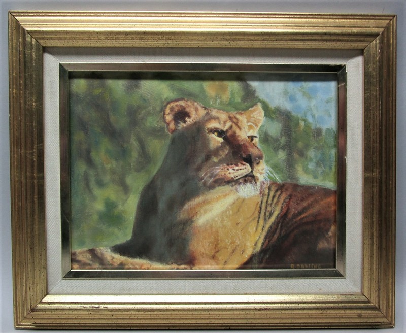 Fine Original Vintage Oil Painting of a LION Signed «R. Dahling» in Gilt Frame
