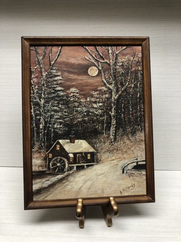 VTG Original Oil Painting Ann Hardy Rustic Winter Scene Framed Signed